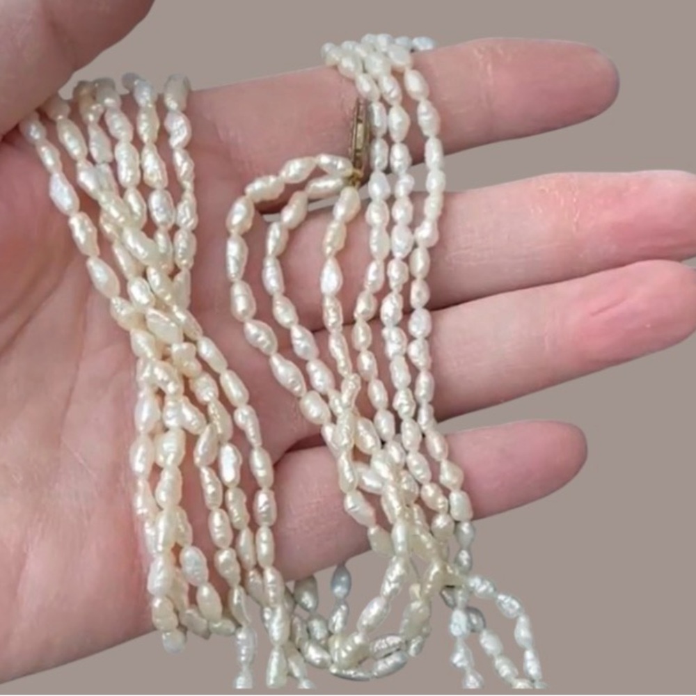Vintage Three Strand Genuine Freshwater Rice Pearl Necklace and Bracelet Set